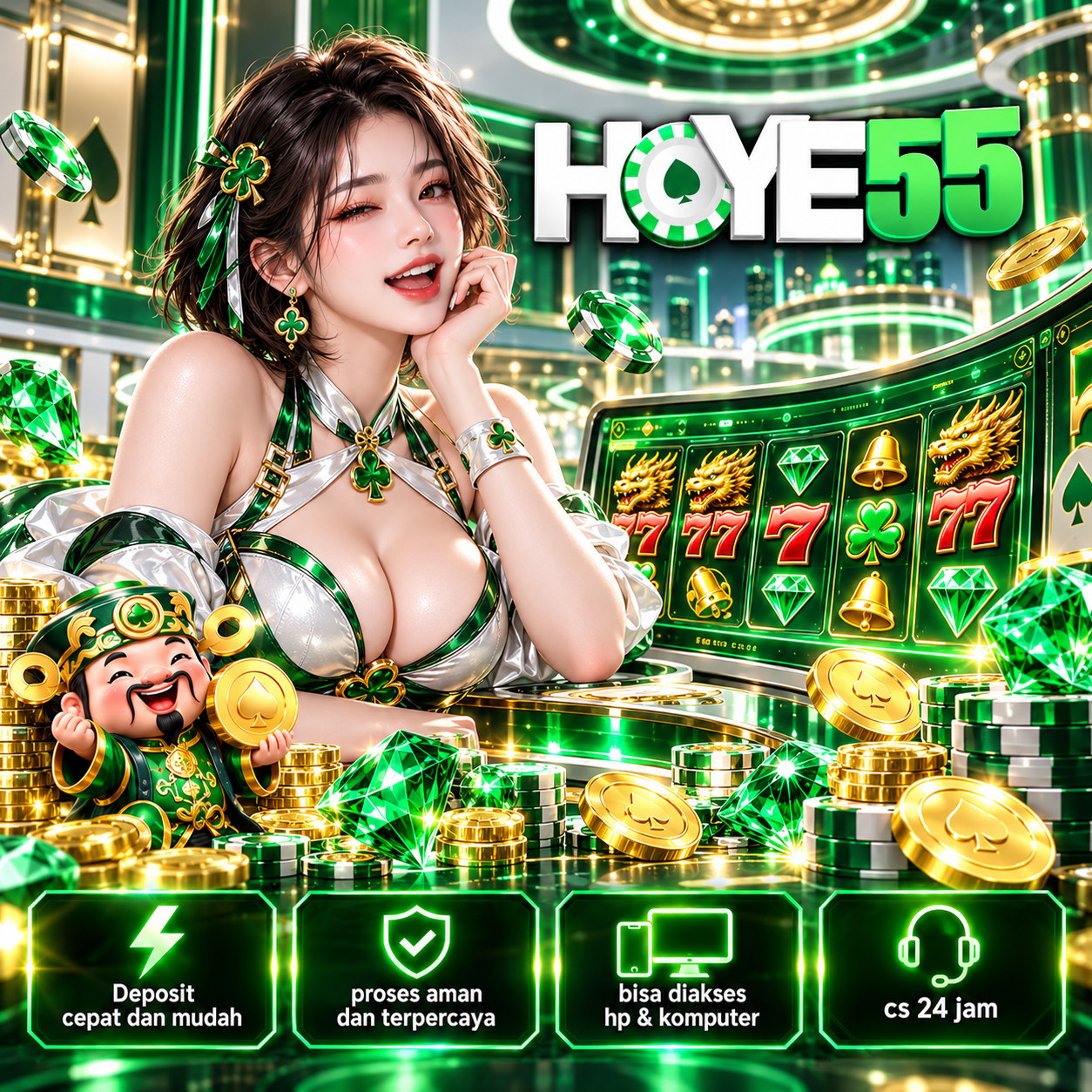 Banner HOYE55: ilustrasi karakter dan mesin game dengan nuansa hijau emas